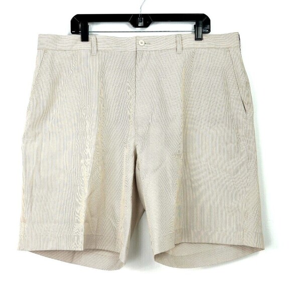 Alan Flusser Mens Golf Shorts 40x10 Inch Non Iron Performance Beige White Stripe - Picture 2 of 12